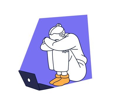 recommend clip art: Lonely girl crying, hides face. Unhappy woman in apathy, get burnout. Depressed person anxious about work. Sad character with laptop suffers alone. Flat isolated outline vector illustration on white