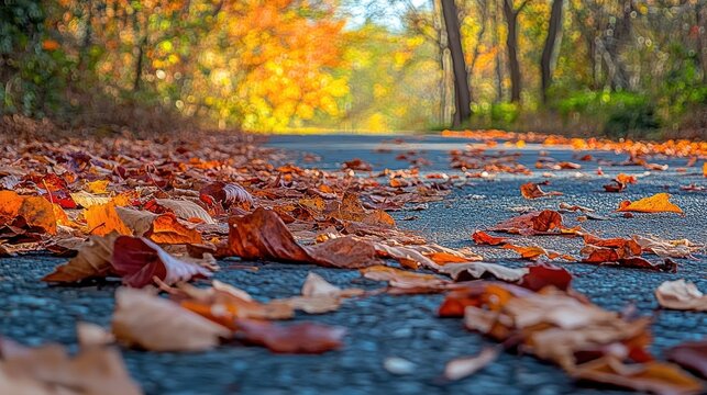 Fallen leaves create a picturesque scene on the asphalt road, transforming the path into a canvas of autumn visual poetry, inviting reflection and tranquility in natures embrace.