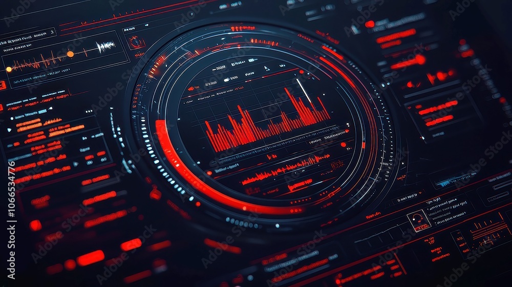 Poster circular interface hud design featuring infographic elements, music equalizer visuals, audio waves a