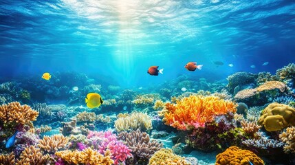 Obraz premium Vibrant coral reef teeming with diverse fish swimming among the colorful corals, creating a lively underwater scene perfect for capturing the beauty of marine life. Abundant space for text.