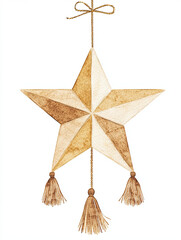 Joyful watercolor style boho star ornament with tassels, perfect for festive decor. This charming piece adds warm touch to any space, enhancing cozy atmosphere