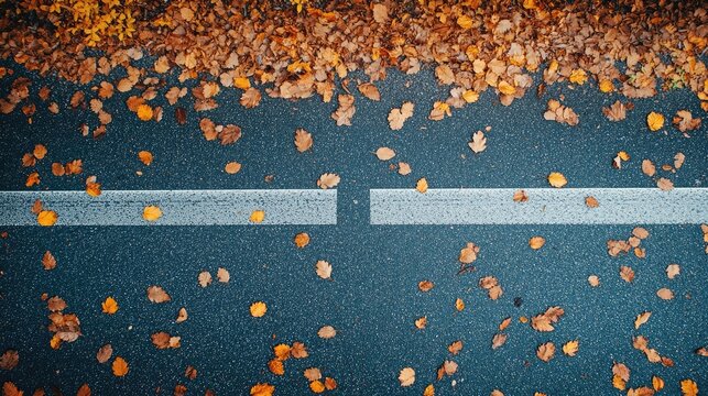 Fallen leaves create a picturesque scene on the asphalt road, transforming the path into a canvas of autumn visual poetry, inviting reflection and tranquility in natures embrace.