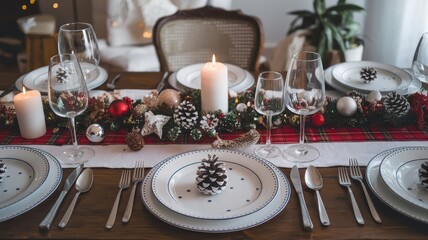 A table has been set for celebrating the Christmas holidays. Dinner at home concept