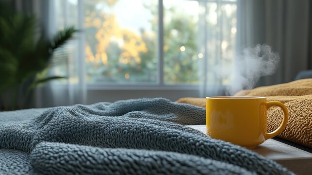 Cozy blanket placed beside a steaming cup, creating a warm and inviting atmosphere perfect for relaxation. The cozy blanket enhances comfort and tranquility in the scene.