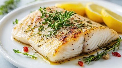 Delicious john dory fillet dish garnished with fresh herbs, beautifully presented. This appetizing john dory fillet creates an inviting atmosphere with ample copy space available.