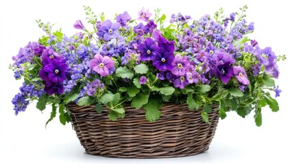 Vibrant bouquet of violets and purple flowers arranged in a basket, isolated against a white background, ideal for capturing the essence of natures beauty with ample copy space.