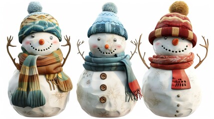 Cute Snowmen Wearing Knitted Hats, Scarves, and Mittens

