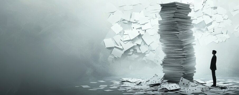 A solitary figure stands before a towering stack of papers amidst a foggy backdrop, evoking feelings of overwhelm and the weight of responsibility.