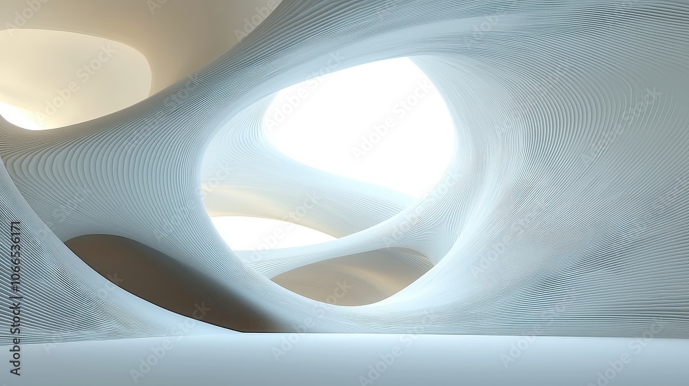 Poster dynamic wave of geometric shapes, undulating forms create a rhythmic flow, showcasing a blend of two