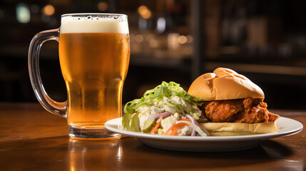 Craft beer with gourmet burger and fresh salad