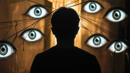 A silhouette observes multiple eyes surrounding it, creating an eerie atmosphere that evokes feelings of being watched or monitored.