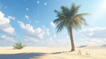 Obraz premium Beautiful palm tree on a tropical paradise island, surrounded by clear skies and soft sands, creating a serene atmosphere perfect for relaxation. Palm tree symbolizes tranquility and escape.