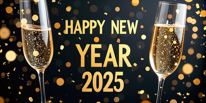 Happy New Year 2025 background, blank canvas for festive inscriptions and designs,New Year's card, screensaver, banner Two celebratory champagne glasses