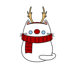 A white cat with antlers and a red scarf