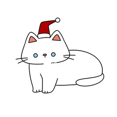 A white cat wearing a red hat and a red bow