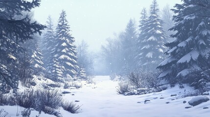 Winter Forest Snow Background - A tranquil panoramic image of snow-blanketed trees in a captivating winter forest, ideal for banners, with ample copy space for text.