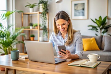 A woman is sitting at a desk with a laptop and a cell phone