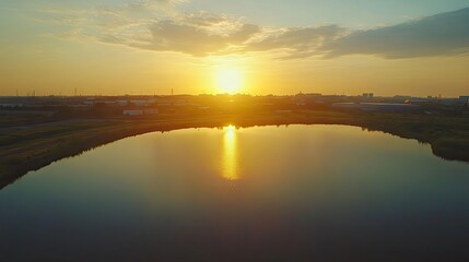 Naklejka premium Stunning aerial view captures a beautiful sunrise illuminating an industrial landscape alongside a serene lake, offering captivating scenery and ample copy space for design needs.