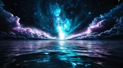 Mystical Night Sky with Stars and Clouds Reflected in Water