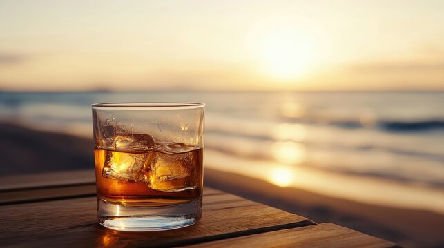 Whiskey on the rocks rests in a glass on a wooden table, set against a beach background. This whiskey photo evokes summer vacation and relaxation, perfect for drink-centric themes.
