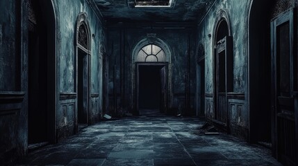 Obraz premium Dystopian mansion concept with a horror movie theme, featuring a hauntingly dark background. This chilling mansion captures the eerie essence of a dystopian atmosphere, ideal for creative projects.