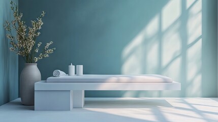 Minimalist spa backdrop with a serene treatment table creates a tranquil atmosphere for relaxation. The minimalist spa design emphasizes calmness and peace, perfect for wellness.