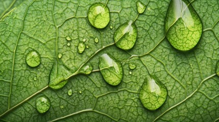 Fototapeta premium A stunning macro shot of droplets on a leaf captures the essence of nature, presenting droplets on a leaf with a realistic aesthetic perfect for background or design elements.