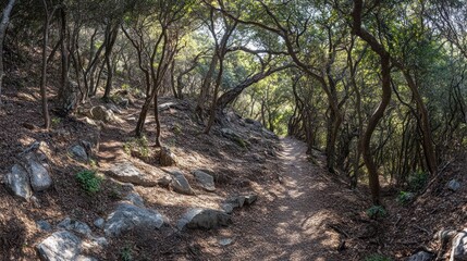 A winding path through a dense forest with sunlight filtering through the trees.