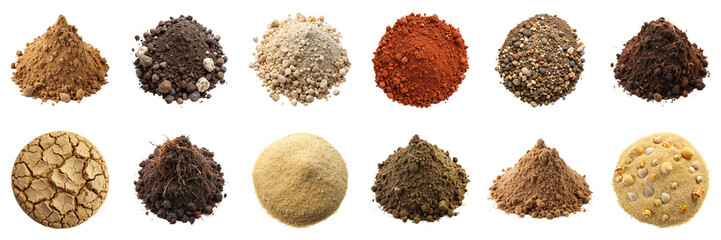 Soil types isolated on transparent background. Collection of various sand textures and samples,...