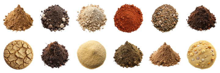 Soil types isolated on transparent background. Collection of various sand textures and samples, clay, loamy, peaty, volcanic soils, beach, desert sands, png collection