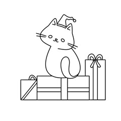 A cat wearing a Santa hat sits on top of a stack of presents
