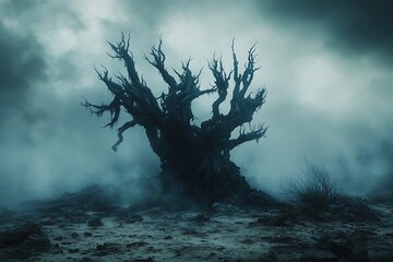 A solitary, twisted tree stands in a foggy, desolate landscape.