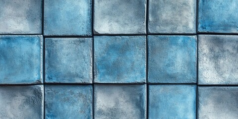 A textured blue concrete wall featuring evenly arranged cement blocks. A close up reveals the intricate inner square design, showcasing an eco friendly, gritty cement with a dusty appearance.
