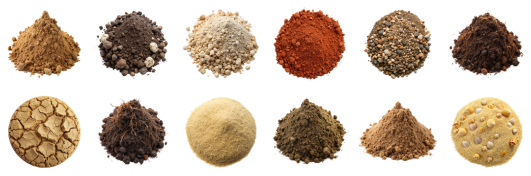 Soil types isolated on transparent background. Collection of various sand textures and samples, clay, loamy, peaty, volcanic soils, beach, desert sands, png collection