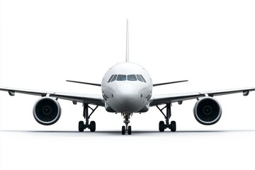 Fototapeta premium A sleek white airplane facing the viewer. It showcases modern design and technology in aviation. Ideal for travel or aerospace industry. Generative AI