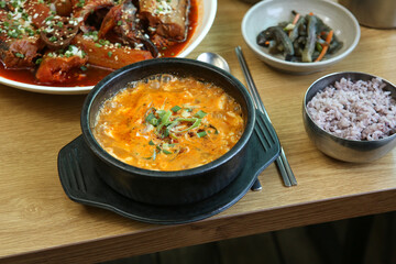 Korea food. spicy soft tofu stew