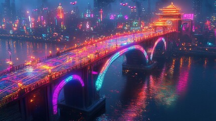 Obraz premium Neon Bridge in a Futuristic City