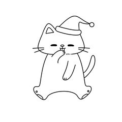 A cat is wearing a Santa hat and is sitting on the ground