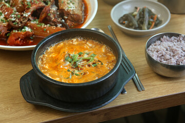 Korea food. spicy soft tofu stew
