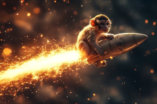 A monkey bravely rides a fiery rocket into the vast expanse of space.