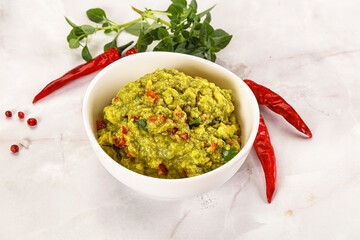 Guacamole with avocado, tomato and chili