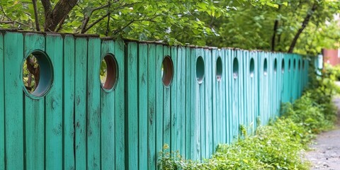 A green wooden fence has small round openings, or portholes, located on either side, enhancing its design with unique features.