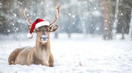 Happy reindeer with a Santa hat sitting in the snow creates a festive atmosphere. This delightful happy reindeer brings joy and holiday spirit to any winter scene. Ample copy space available.