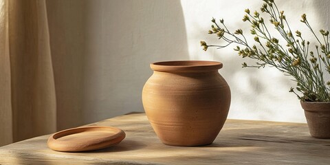 A terracotta jar with its lid placed on a wooden table, showcasing a charming and rustic aesthetic with the earthy tones of the jar complementing the natural wood.
