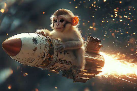 A cute monkey embarks on a space adventure, riding a fiery rocket.