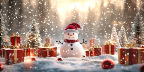 Obraz premium A delightful Christmas background featuring a snowman wearing a Santa hat, surrounded by presents and trees, all set against a backdrop of gently falling snowflakes.