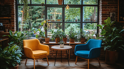 Obraz premium Cozy Seating Area in Warm, Inviting Coffee Shop Interior