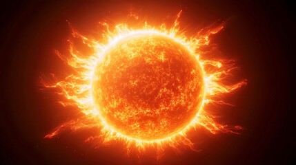 Fiery Solar Sphere, a detailed portrayal of the sun's surface featuring dynamic solar flares against a stark black backdrop, showcasing its intense energy and vibrant atmosphere.