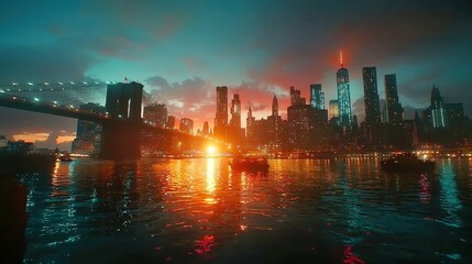 Fototapeta premium Brooklyn Bridge Sunset Timelapse, vibrant hues reflecting off the water, iconic skyline silhouette, bustling city life below, serene evening ambiance enveloping the scene