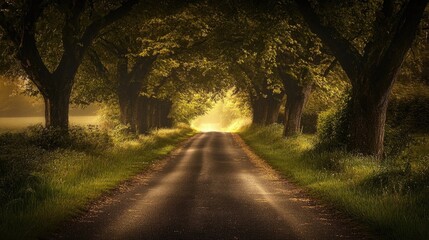 Naklejka premium Empty road at night, surrounded by grass and trees, creates a tranquil scene perfect for wallpaper use. This captivating image of an empty road invites reflection and relaxation.